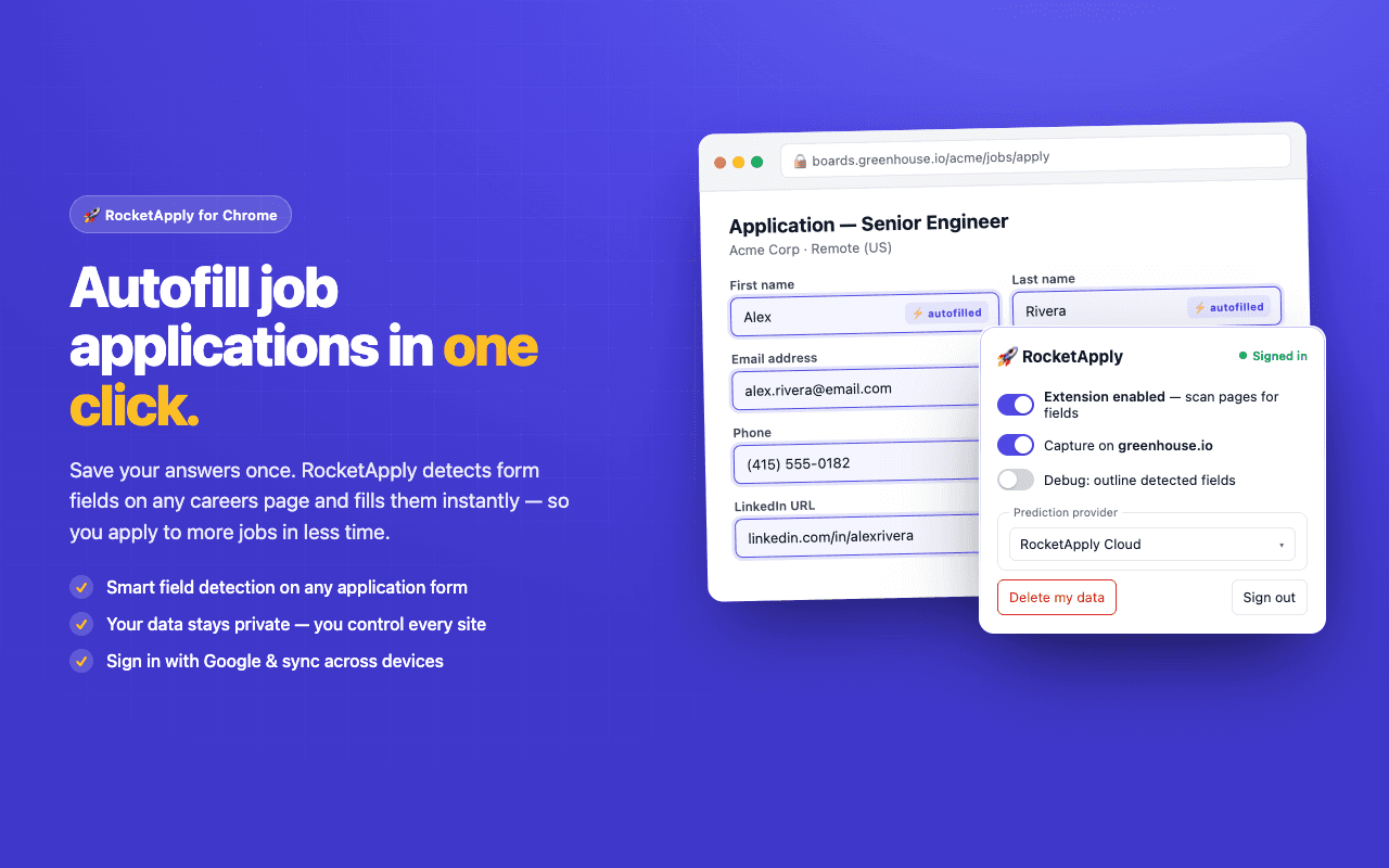RocketApply autofilling a job application form